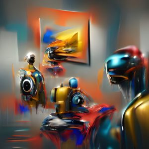 Robots look at a painting of Robots